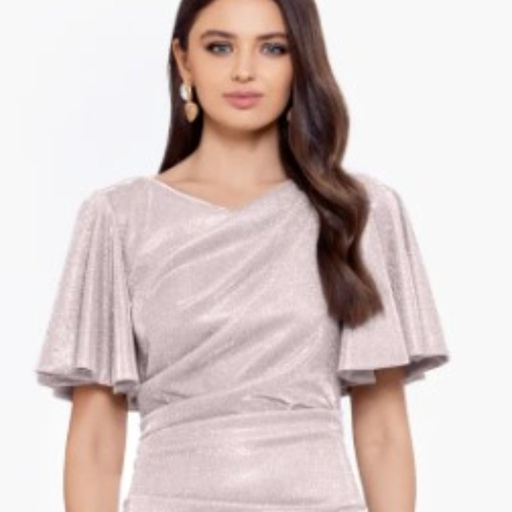 Betsy & Adam - Short Glitter Flutter Sleeve, Taupe/Silver, 14 US